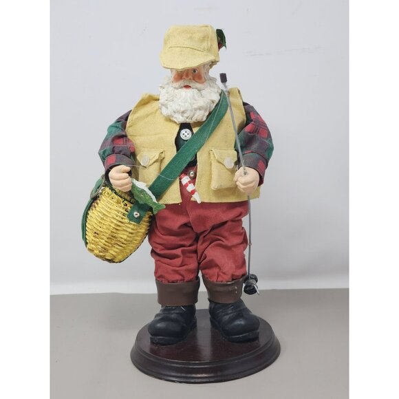 Clothtique Santa Claus Figurine‎ Fly Fishing Pole/Basket/Fish Christmas - Picture 1 of 12